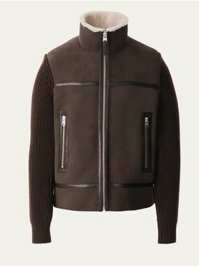 Mackage Brown Shearling-Trim Knit-Sleeve Zip Jacket